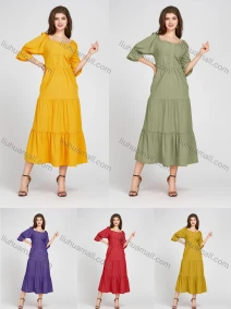 Wholesale Women's Casual Square Neck Plain Half Sleeve Midi Layered Dress X907#, LIUHUA CLOTHING WHOLESALE