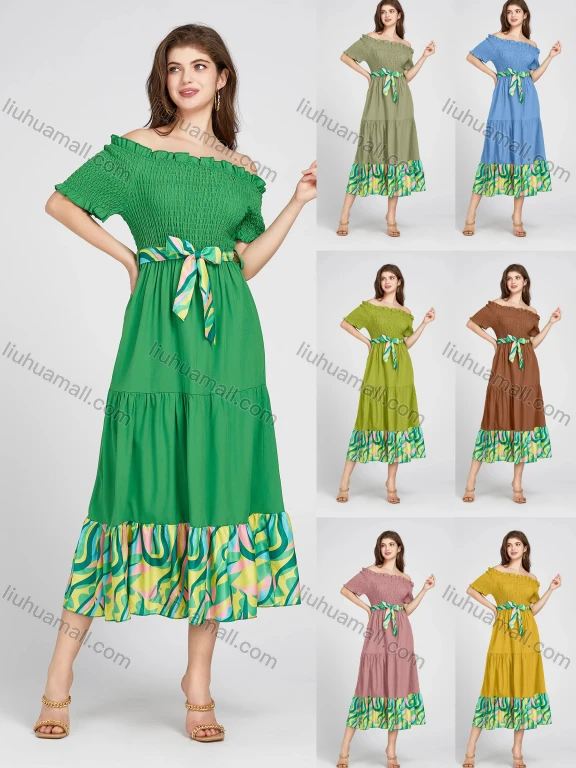 Wholesale Women's Casual Off Shoulder Abstract Print Splicing High Waist Shirred Short Sleeve Midi Dress With Belt A6#