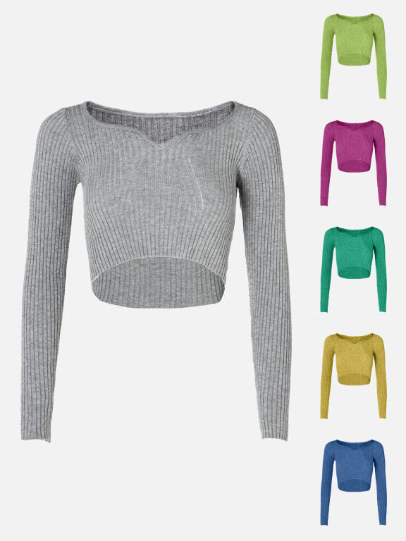 Women's Sweetheart Neck Plain Long Sleeve Rib-Knit Crop Top, Clothing Wholesale Market -LIUHUA, WOMEN, Sweaters