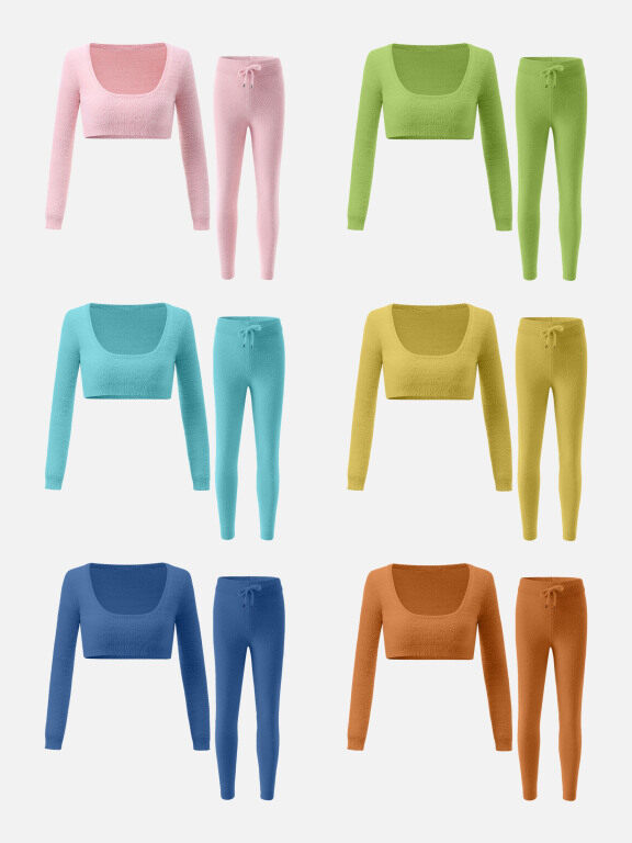 Women's Square Neck Crop Top&Leggings Fuzzy Knit Set, Clothing Wholesale Market -LIUHUA, WOMEN, Sets