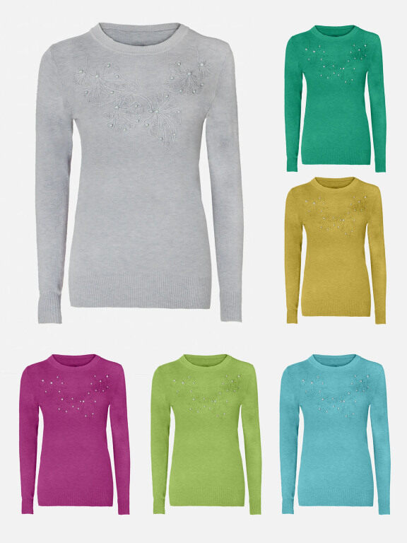 Women's Round Neck Long Sleeve Pearl Decor Plain Sweater, Clothing Wholesale Market -LIUHUA, WOMEN, Sweaters