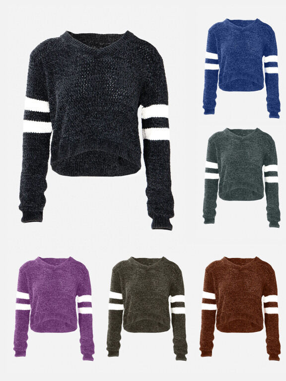 Women's V-Neck Black-White Striped Rib-Knit Crop Sweater, Clothing Wholesale Market -LIUHUA, WOMEN, Sweaters