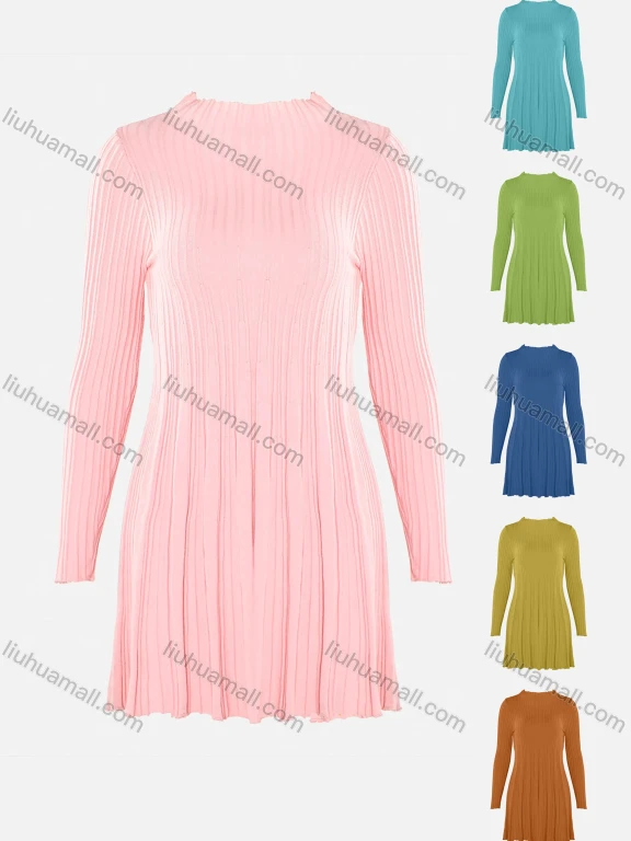 Wholesale Women's Round Neck Long Sleeve Pleated Short Sweater Dress