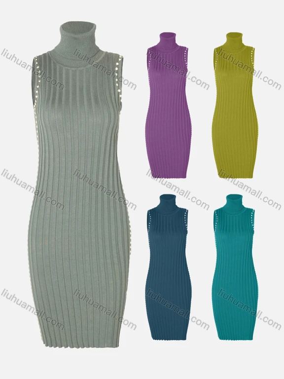 Wholesale Women's Elegant Turtleneck Sleeveless Rib-Knit Pencil Cocktail Dress