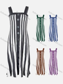 Wholesale Women's Zebra Striped Button Decor Rib-Knit Strap Cami Dress, LIUHUA CLOTHING WHOLESALE
