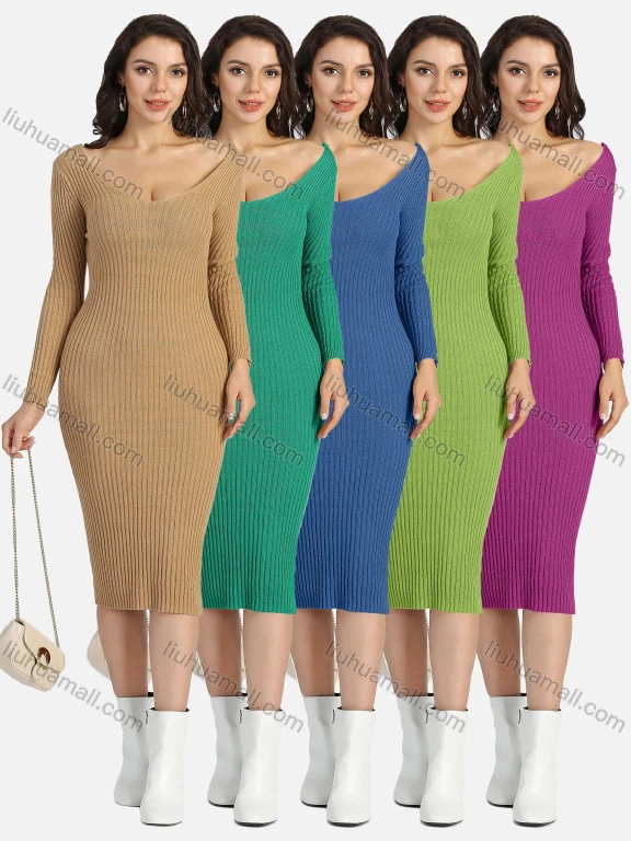 Wholesale Women's Deep V Neck Ribbed Knitted Bodycon Plain Long Sleeve Sweater Midi Dress