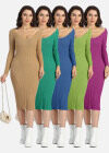 Wholesale Women's Deep V Neck Ribbed Knitted Bodycon Plain Long Sleeve Sweater Midi Dress - Liuhuamall