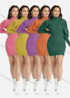 Wholesale Women's High Neck Plain Ribbed Knitted Leg of Mutton Sleeve Short Sweater Dress - Liuhuamall