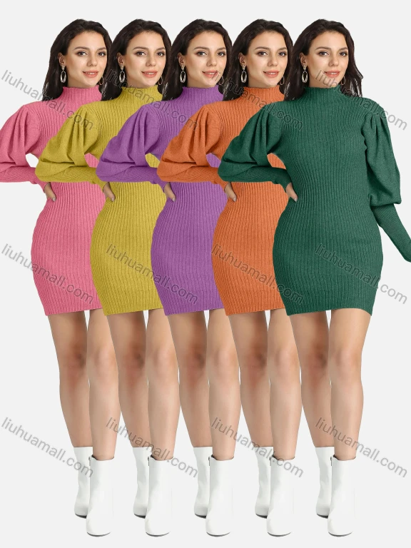 Wholesale Women's High Neck Plain Ribbed Knitted Leg of Mutton Sleeve Short Sweater Dress