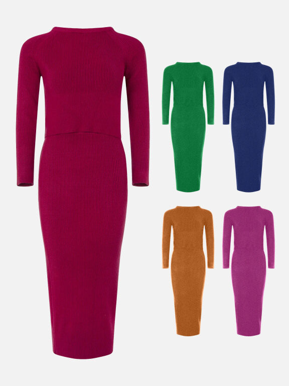 Women's 2-Piece Round Neck Long Sleeve Top & Bodycon Skirt Plain Sets, Clothing Wholesale Market -LIUHUA, WOMEN, Sets