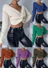 Wholesale Women Plain V Neck Twist Front Long Sleeve Knitted Crop Tops - Liuhuamall