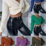 Wholesale Women Plain V Neck Twist Front Long Sleeve Knitted Crop Tops preview