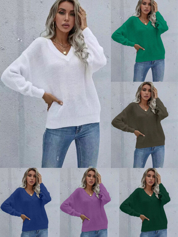 Women Plain V Neck Long Sleeve Pullover Sweater, Clothing Wholesale Market -LIUHUA, WOMEN, Sweaters
