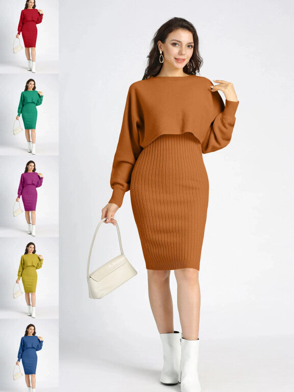 Women's Casual 2-Piece Plain Round Neck Long Sleeve Crop Top & Bodycon Dress Sets, Clothing Wholesale Market -LIUHUA, WOMEN, Sets