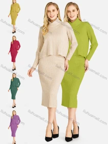 Wholesale Women's Casual 2-Piece Plain High Neck Long Sleeve Top & Bodycon Dress Sets, LIUHUA CLOTHING WHOLESALE