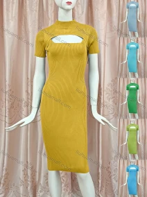 Wholesale Women's Casual Mock Neck Short Sleeve Cutout Plain Dress, LIUHUA CLOTHING WHOLESALE