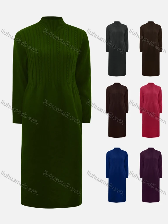 Wholesale Women's Casual Mock Neck Plain Pullover Long Sleeve Midi Sweater Dress 001#