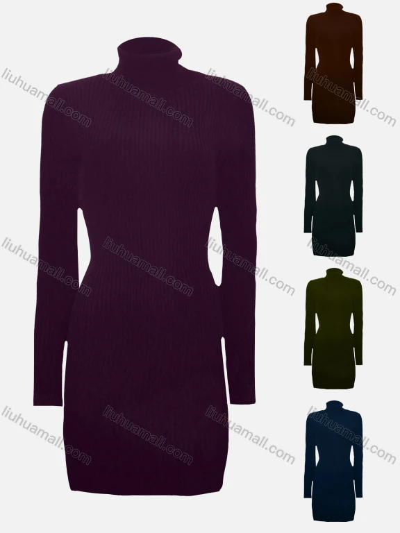 Wholesale Women's Turtleneck Plain Pullover Long Sleeve Midi Sweater Dress 002#