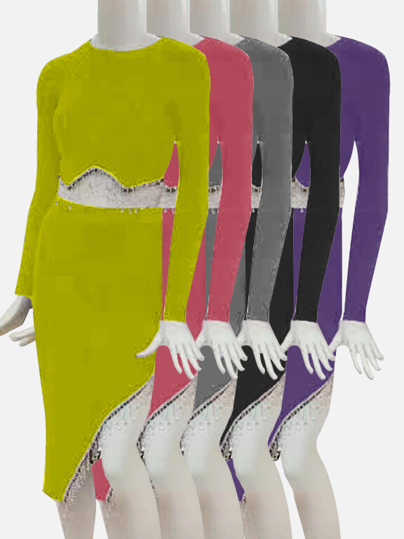 Women's Elegant Crew Neck Long Sleeve Plain Asymmetrical Skirt 2-Piece Set 109#, Clothing Wholesale Market -LIUHUA, WOMEN, Sets