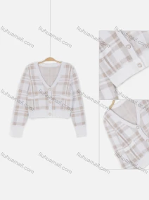 Wholesale Women's Casual V-Neck Long Sleeve Button Down Crop Plaid Print Knit Cardigan, LIUHUA CLOTHING WHOLESALE