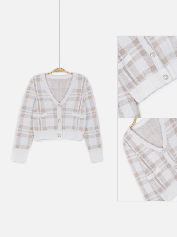 Women's Casual V-Neck Long Sleeve Button Down Crop Plaid Print Knit Cardigan, Clothing Wholesale Market -LIUHUA, WOMEN, Sweaters