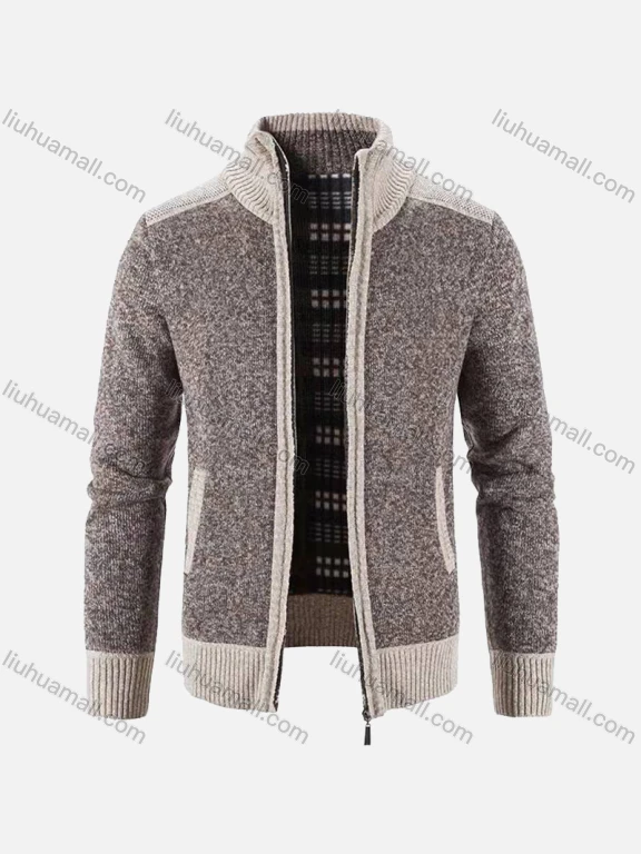 Wholesale Men's Casual Long Sleeve Stand Collar Zipper Splicing Chunky Knit Jacket