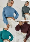 Wholesale Women's Plain Stand Collar Bishop Sleeve Cable Knit Crop Sweater - Liuhuamall