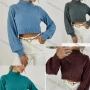 Wholesale Women's Plain Stand Collar Bishop Sleeve Cable Knit Crop Sweater preview