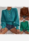 Wholesale Women's Plain Mock Neck Bishop Sleeve Pullover Cable Knit Sweater - Liuhuamall