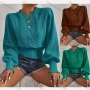 Wholesale Women's Plain Mock Neck Bishop Sleeve Pullover Cable Knit Sweater preview