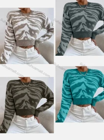 Wholesale Women's Crew Neck Tiger Print Pullover Crop Knitted Sweater, LIUHUA CLOTHING WHOLESALE