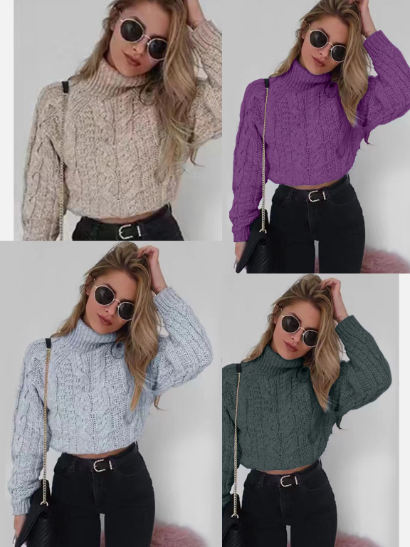 Women's Plain Turtleneck Cable Knit Crop Sweater, Clothing Wholesale Market -LIUHUA, WOMEN, Sweaters