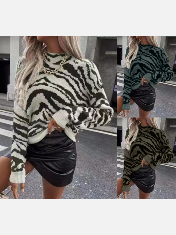 Women's Mock Neck Zebra Print Pullover Sweater, Clothing Wholesale Market -LIUHUA, WOMEN, Sweaters
