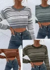 Wholesale Women's Drop Shoulder Striped Print Pullover Crop Sweater - Liuhuamall