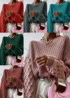 Wholesale Women's Plain Lantern Sleeve Honeycomb Chunky Knit Sweater - Liuhuamall