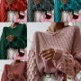 Wholesale Women's Plain Lantern Sleeve Honeycomb Chunky Knit Sweater preview