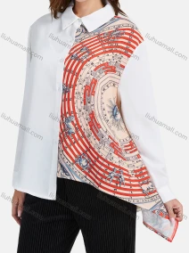 Wholesale Women's Fashion Splicing Print Long Sleeve Button Down Asymmetrical Hem Shirt, LIUHUA CLOTHING WHOLESALE