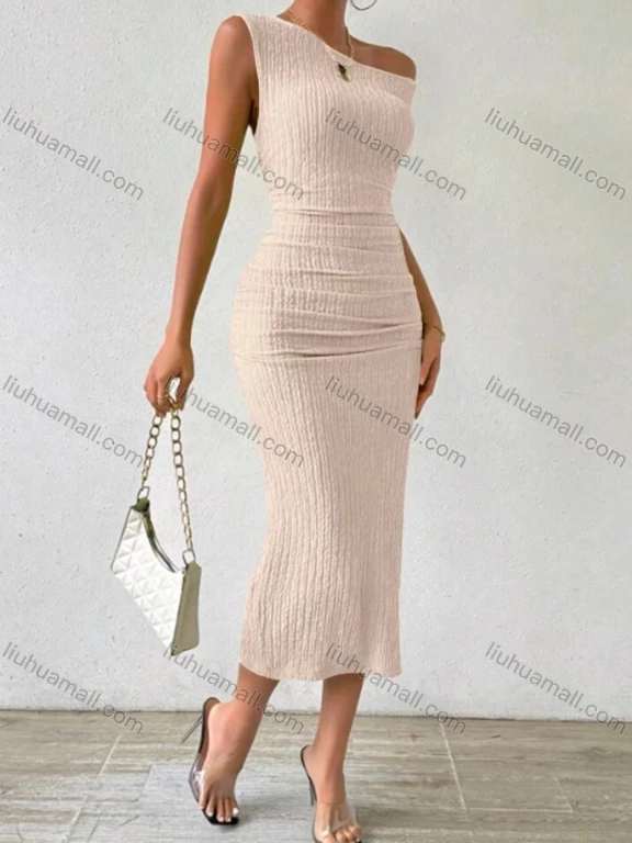 Wholesale Women's Asymmetric Neck Off Shoulder Ribbed Midi Dress Stylish Casual Fashion 5003#