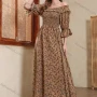 Wholesale Women's Elegant Allover Print Off Shoulder Ruffle Trim Shirred Poet Sleeve Maxi Dress preview