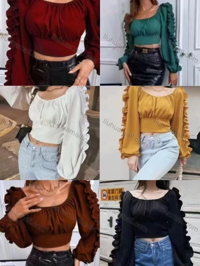 Wholesale Women's Casual Square Neck Long Sleeve Ruffle Hem Plain Crop Top