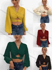 Wholesale Women's Fashion V Neck Long Sleeve Twist Cutout Plain Crop Top, LIUHUA CLOTHING WHOLESALE
