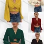 Wholesale Women's Fashion V Neck Long Sleeve Twist Cutout Plain Crop Top preview