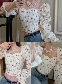 Wholesale Women's Fashion Square Neck Poet Sleeve Floral Print Crop Top, LIUHUA CLOTHING WHOLESALE