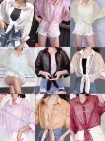Wholesale Women's Casual Collared Long Sleeve Button Front Mesh Tie Plain Cardigan, LIUHUA CLOTHING WHOLESALE