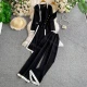 Wholesale Women's Elegant Contrast Trim Button Front Cardigan Cami Wide Leg Pants 3 Piece Set #2292 Black Clothing Wholesale Market Liuhua
