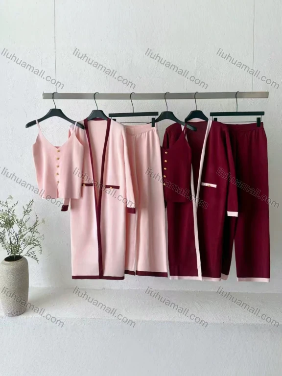 Wholesale Women's Elegant Contrast Trim Button Front Cardigan Cami Wide Leg Pants 3 Piece Set #2292