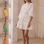 Wholesale Women's Ruffle-neck Bishop Sleeve Buttons Front Hollow Out Lace Up Plain Short Dress AY002# preview