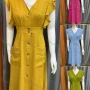 Wholesale Women's V-neck Butterfly Sleeve Buttons Down Patch Pockets Plain Ruffle Trim Midi Dress SLH21030# preview