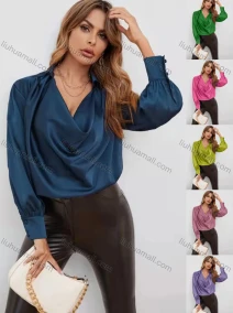 Wholesale Women's Elegant Satin Cowl Neck Long Sleeve Loose Fit Plain Blouse AY065#, LIUHUA CLOTHING WHOLESALE