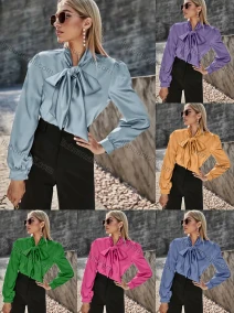 Wholesale Women's Elegant Satin Tie Neck Long Sleeve Plain Casual Blouse AY066#, LIUHUA CLOTHING WHOLESALE